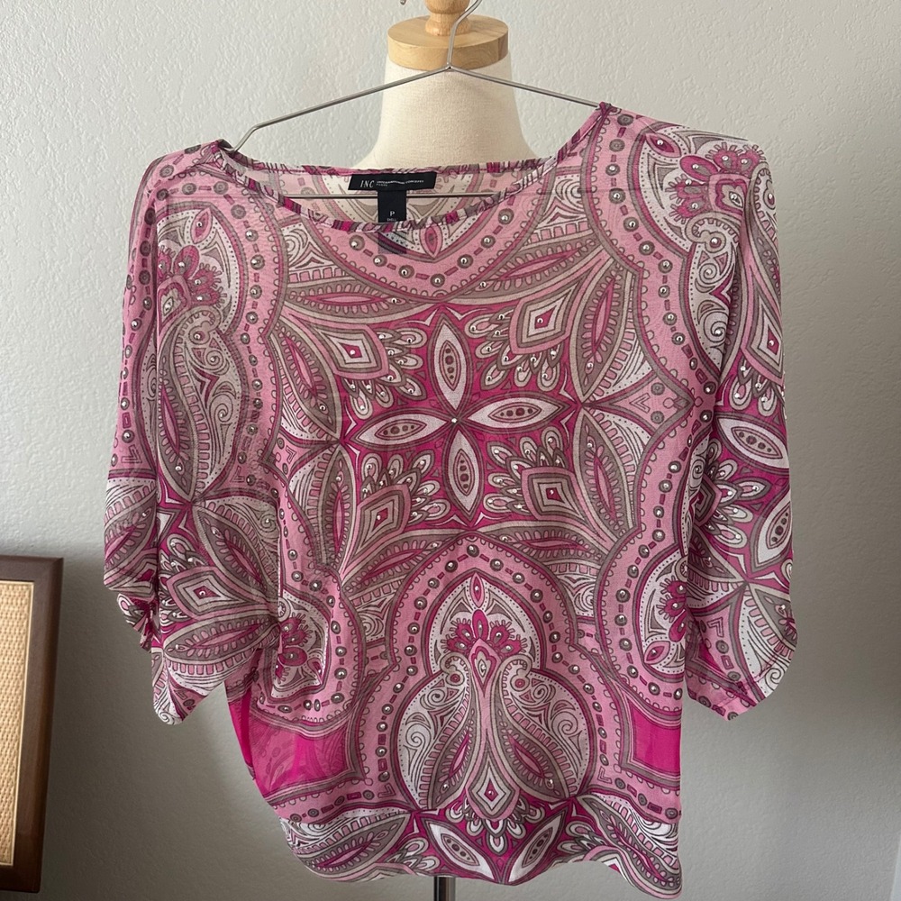 INC International Concepts Pink Paisley Mesh Rhinestone Dolman Blouse Petite P